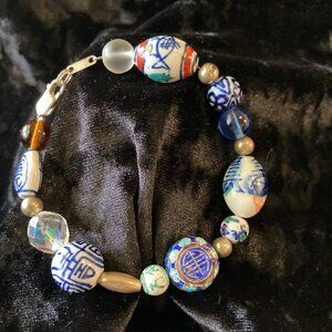 Sterling 925‎ Ceramic Glass Cloisonne Beaded Bracelet Chinese Jordan 8"